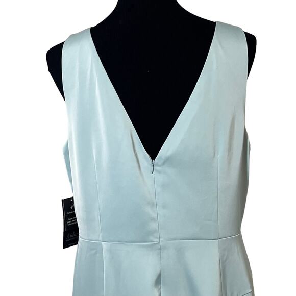 NEW Aidan Mattox V Neck Satin Midi Dress Size 16 Pleated Blue Green Pockets - Picture 6 of 12